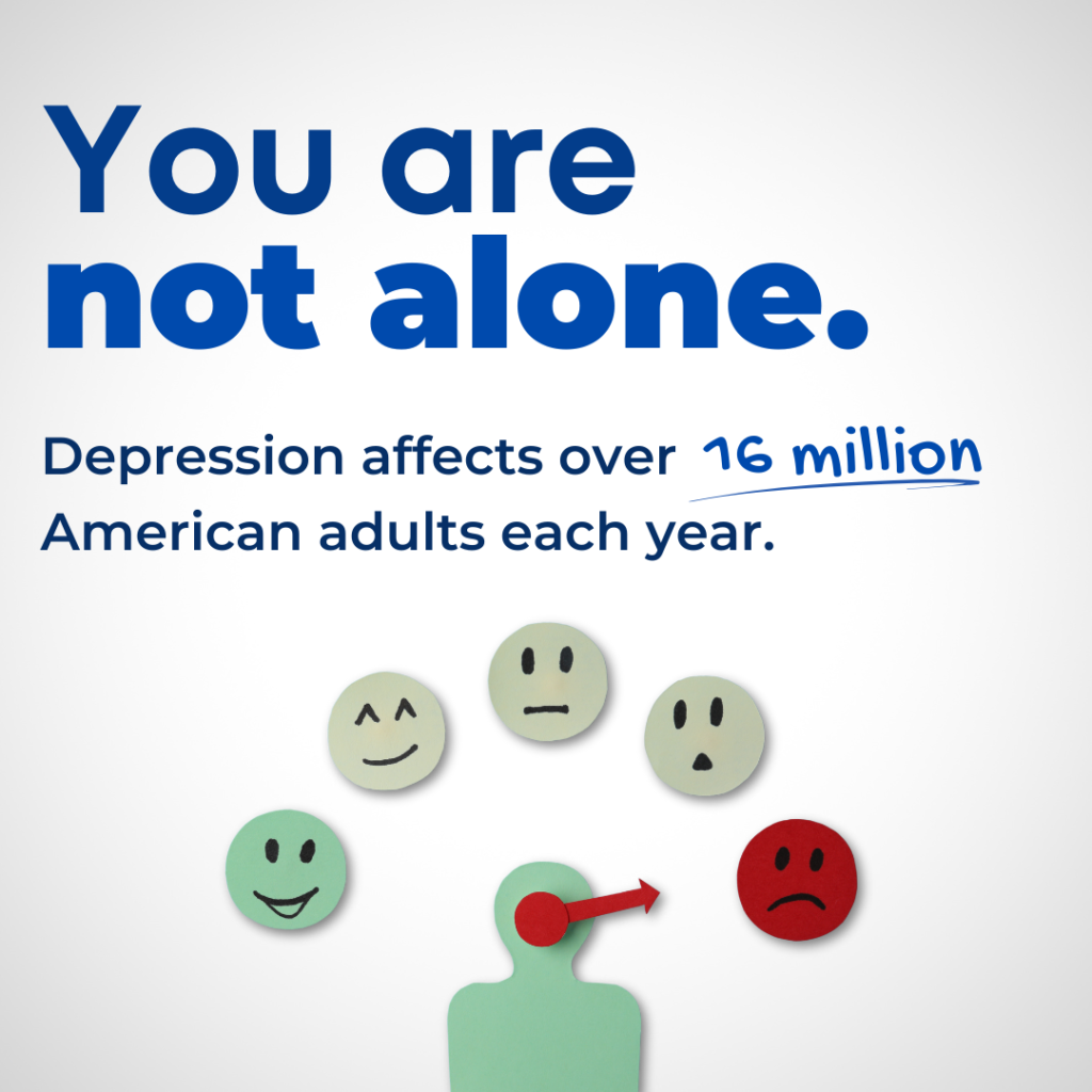 Graphic depicting "you are not alone" quote and different facial expressions