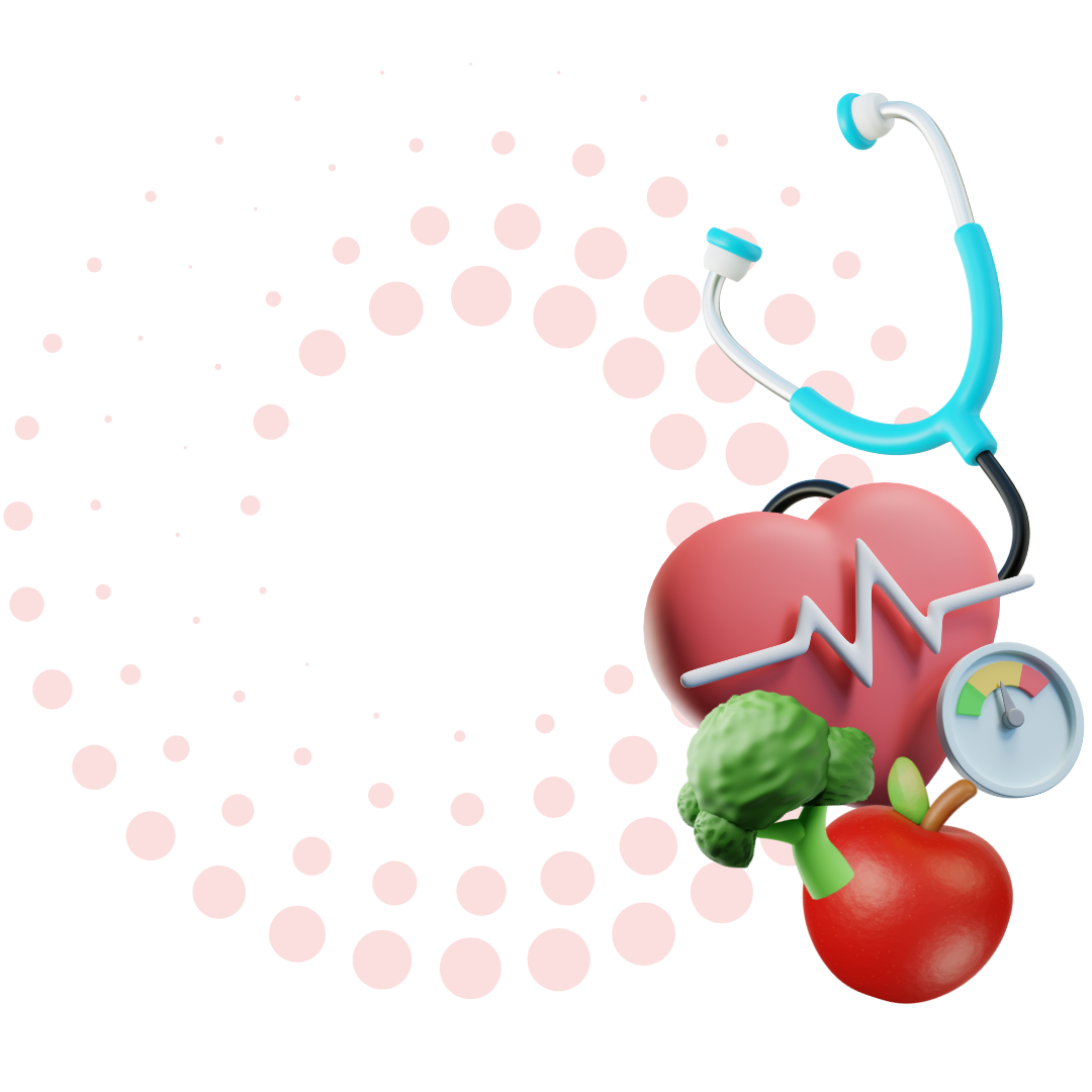 3D illustration of stethoscope, heart, broccoli, and apple